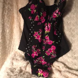 Black floral polka dot bathing suit.
